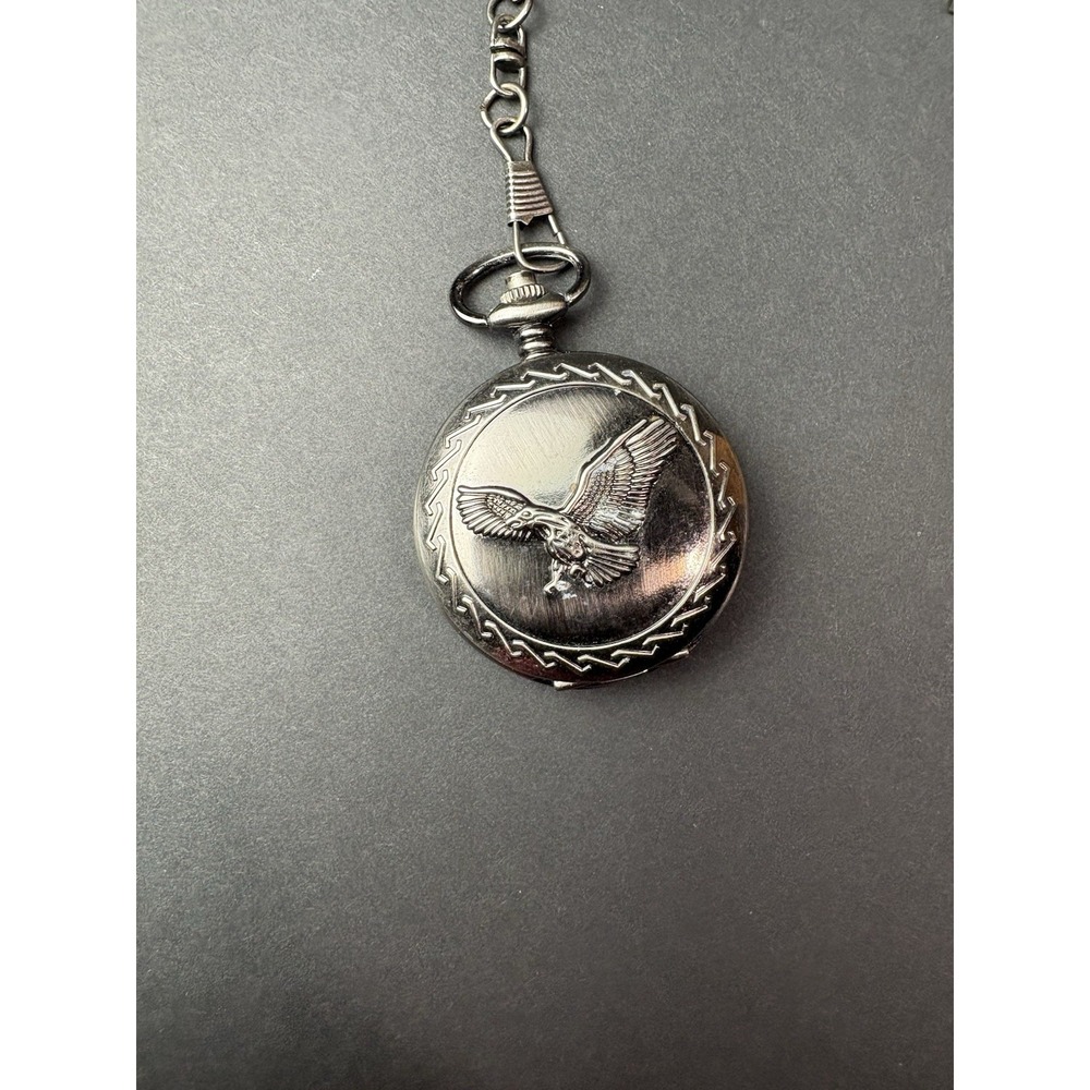 Embassy Quartz Eagle Hunter Pocket Watch w/ Chain Silver Tone Working VTG